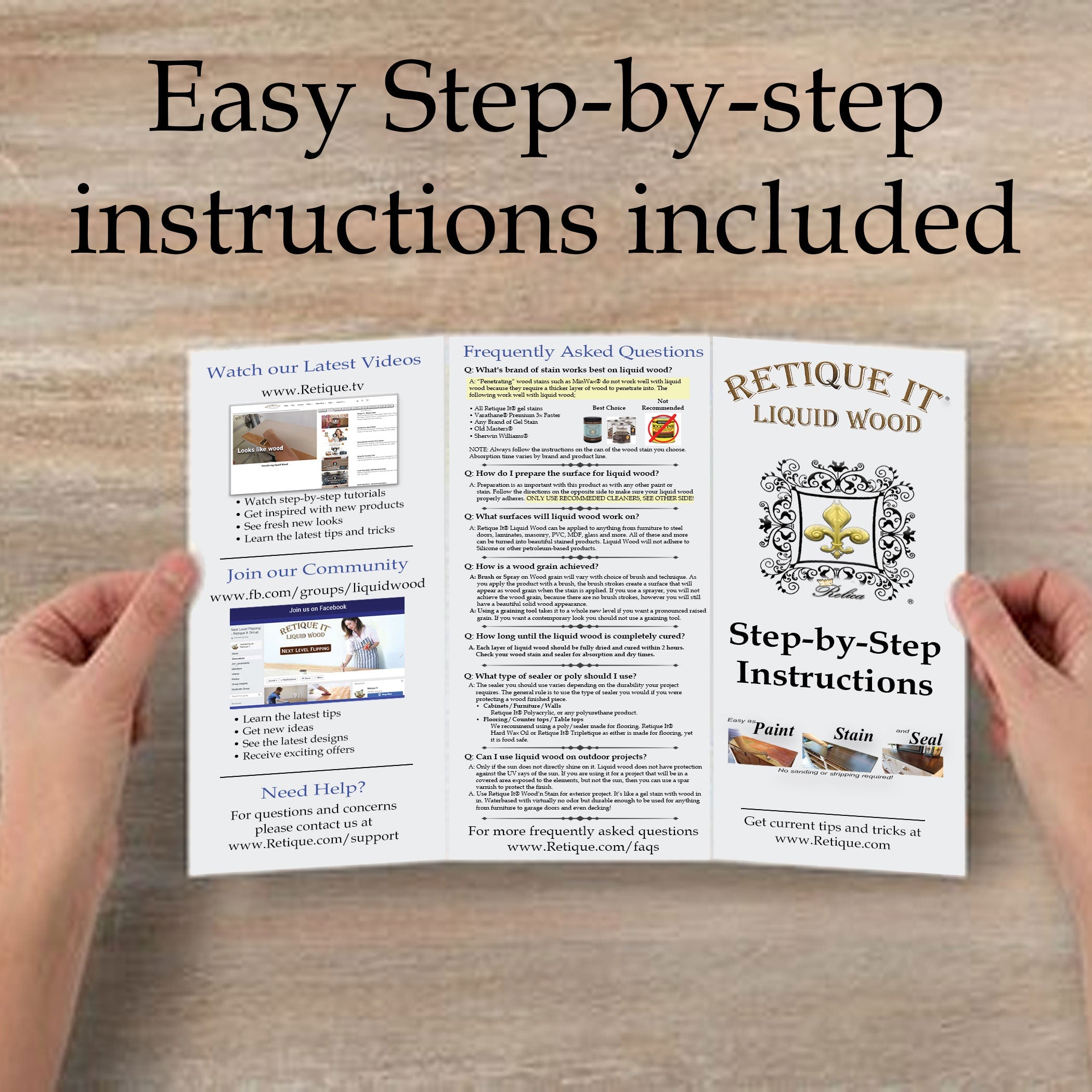 Retique It Gel Stain White Wash with instruction book, showing hands holding the product and application tips.