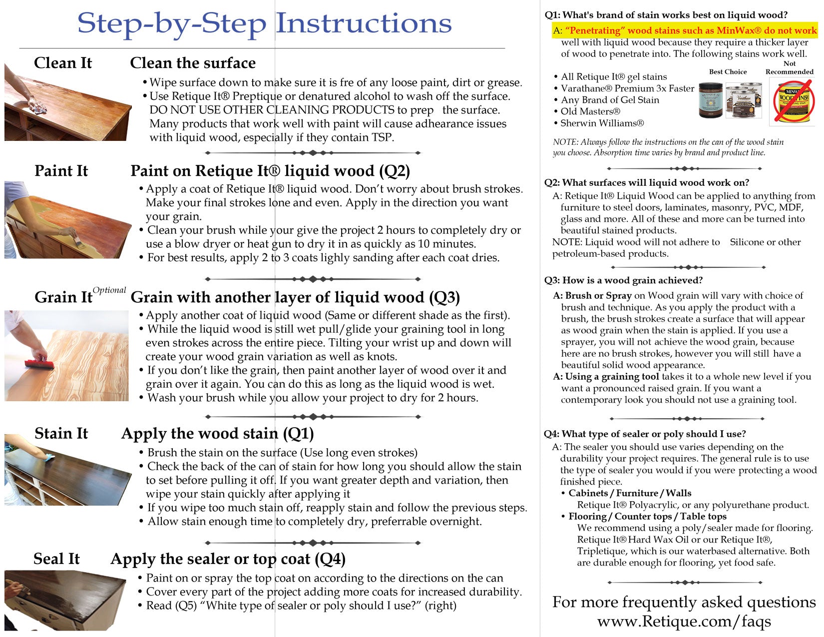 Retique It White Wash gel stain applied on wood surface with application instructions visible in the image.