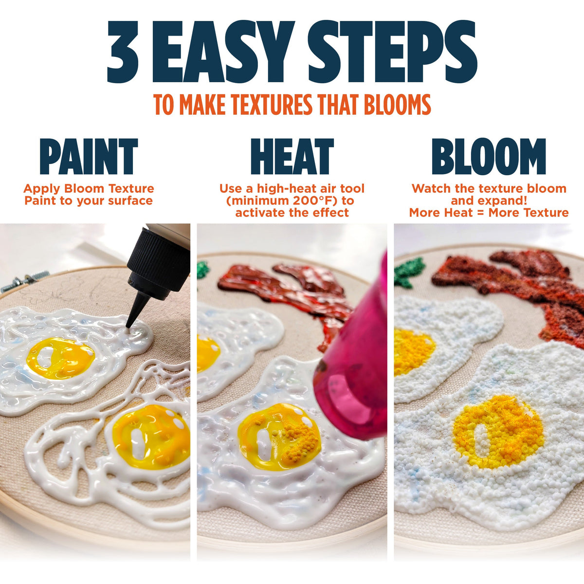 DecoArt Bloom Texture Paints in three easy steps, showing vibrant, textured paint application on a craft surface.