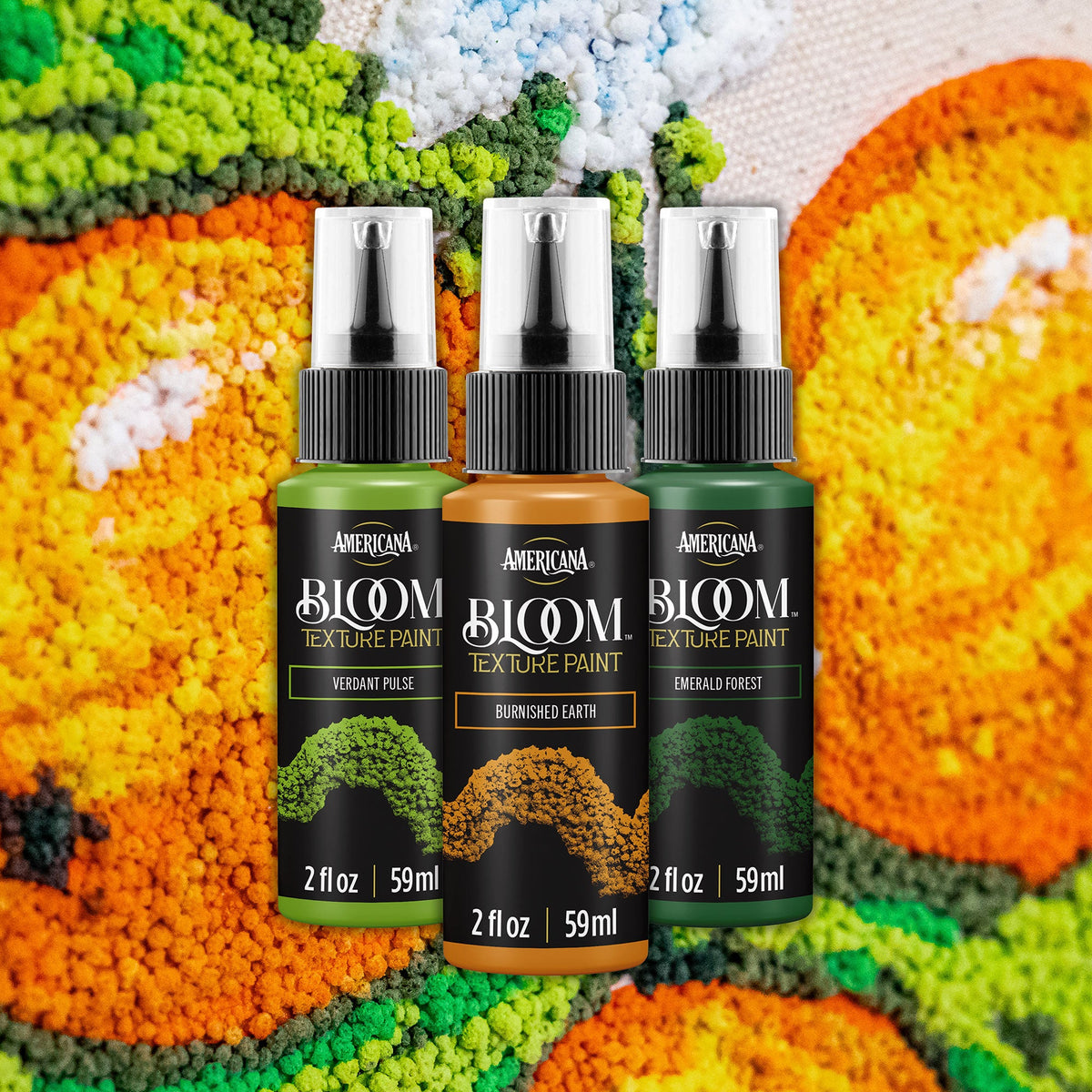 Decorative Bloom Texture Paints by DecoArt, showcasing vibrant textured paint colors and artistic application techniques.