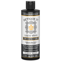 Retique It Liquid Wood Wood'n Stain in 8 oz Classic Black, showcasing the dark stain being applied to wood surface.