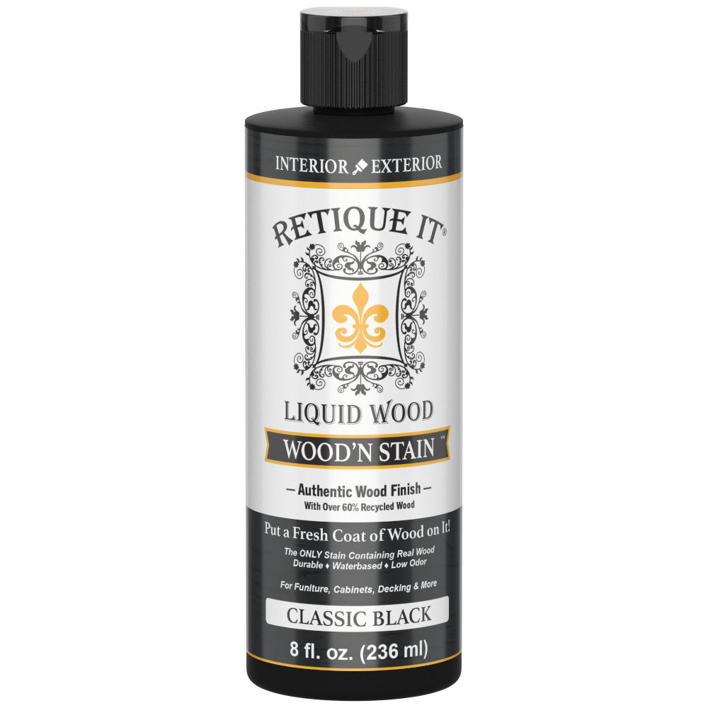 Retique It Liquid Wood Wood'n Stain in 8 oz Classic Black, showcasing the dark stain being applied to wood surface.