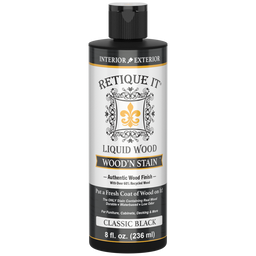 Retique It Liquid Wood Wood'n Stain in 8 oz Classic Black, showcasing the dark stain being applied to wood surface.