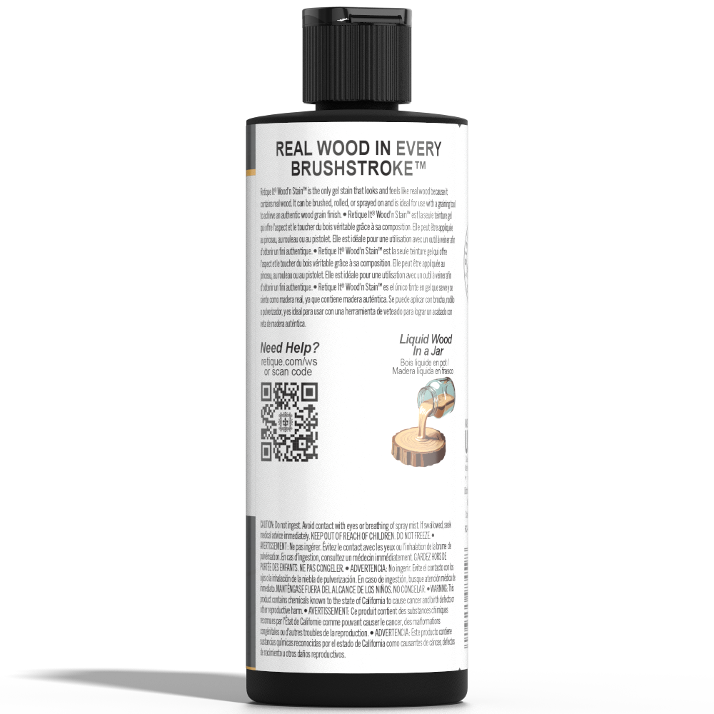 Retique It Liquid Wood Wood'n Stain in Classic Black, 8 oz bottle, showing the stain's rich black color and packaging.