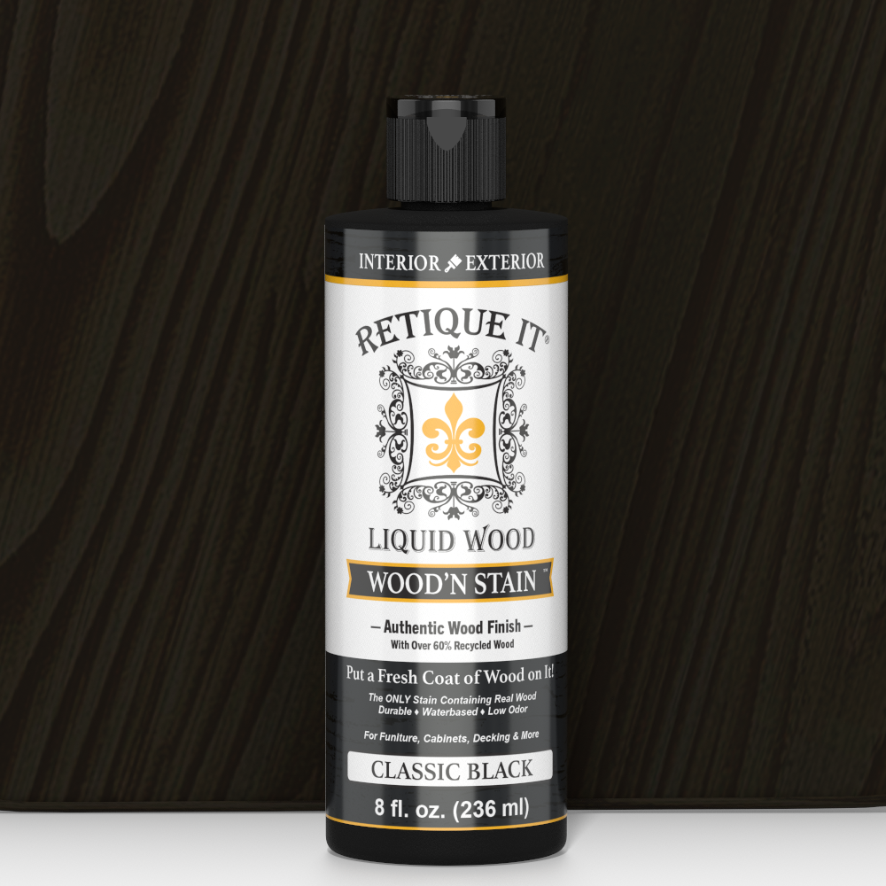 Retique It Liquid Wood Wood'n Stain in Classic Black, 8 oz bottle, showcasing the dark stain liquid for wood finishing.
