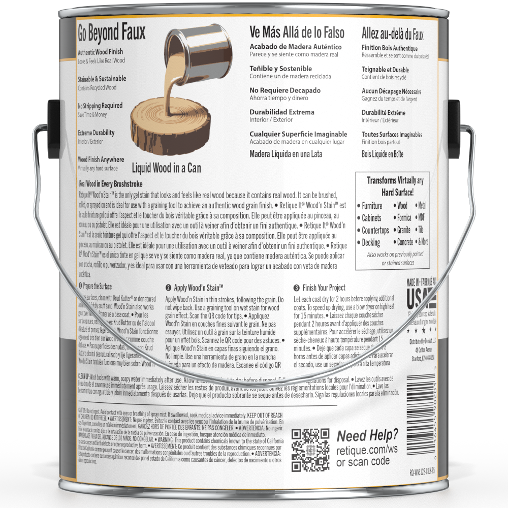 Liquid Wood Wood'n Stain in Classic Black by Retique It, 128 oz container, showing the dark stain being applied to wood.