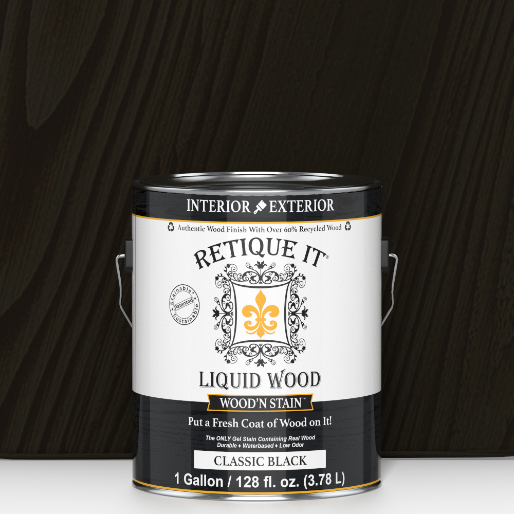 Retique It Liquid Wood Wood'n Stain in Classic Black, 128 oz, showcasing the dark stain's smooth, rich finish on wood surface.