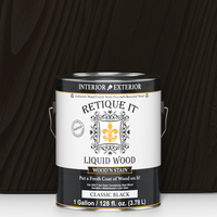 Retique It Liquid Wood Wood'n Stain in Classic Black, 128 oz, showcasing the dark stain's smooth, rich finish on wood surface.