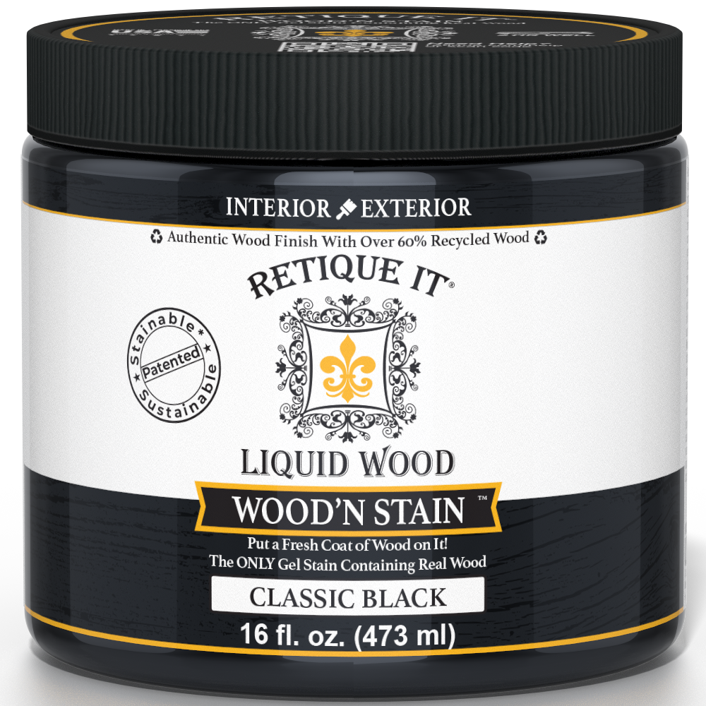 Retique It Liquid Wood Wood'n Stain in Classic Black, 16 oz bottle, showcasing the dark stain for wood finishing.