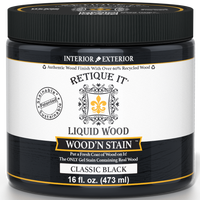 Retique It Liquid Wood Wood'n Stain in Classic Black, 16 oz bottle, showcasing the dark stain for wood finishing.