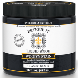 Retique It Liquid Wood Wood'n Stain in Classic Black, 16 oz bottle, showcasing the dark stain for wood finishing.