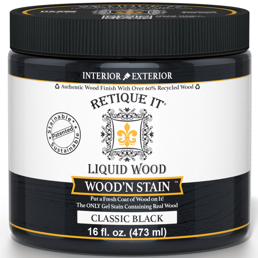 Retique It Liquid Wood Wood'n Stain in Classic Black, 16 oz bottle, showcasing the dark stain for wood finishing.