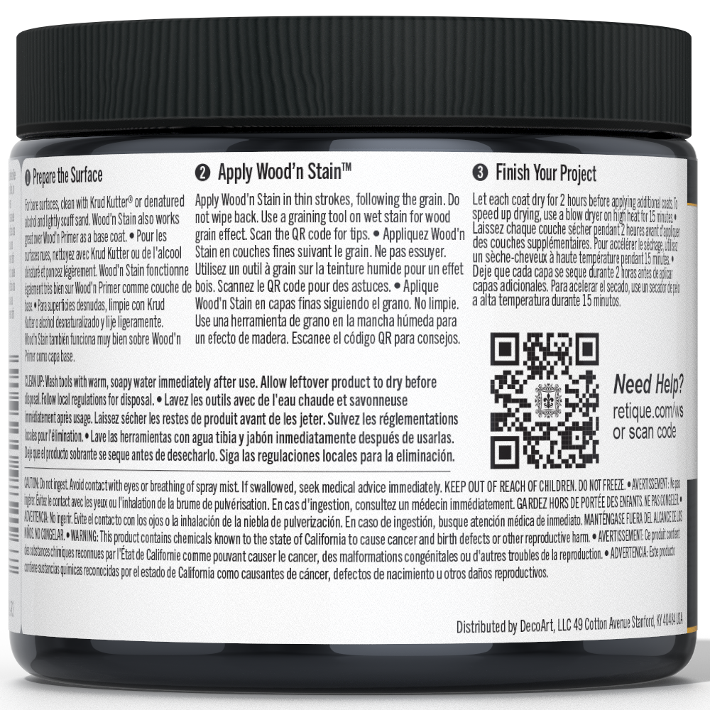 Liquid Wood Wood'n Stain in classic black by Retique It, 16 oz bottle, showing the dark stain and applicator brush.
