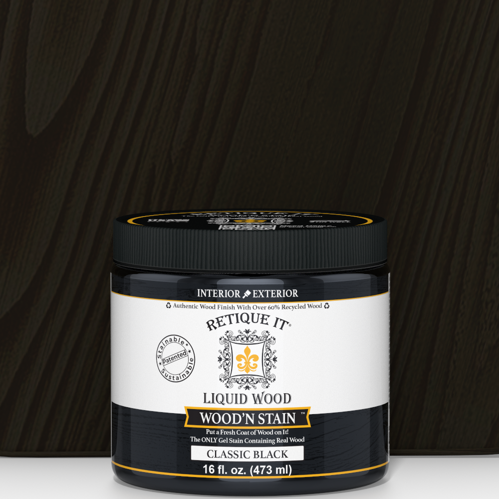 Retique It Liquid Wood Wood'n Stain 16 oz in classic black, showing the dark stain in a clear container with black liquid.