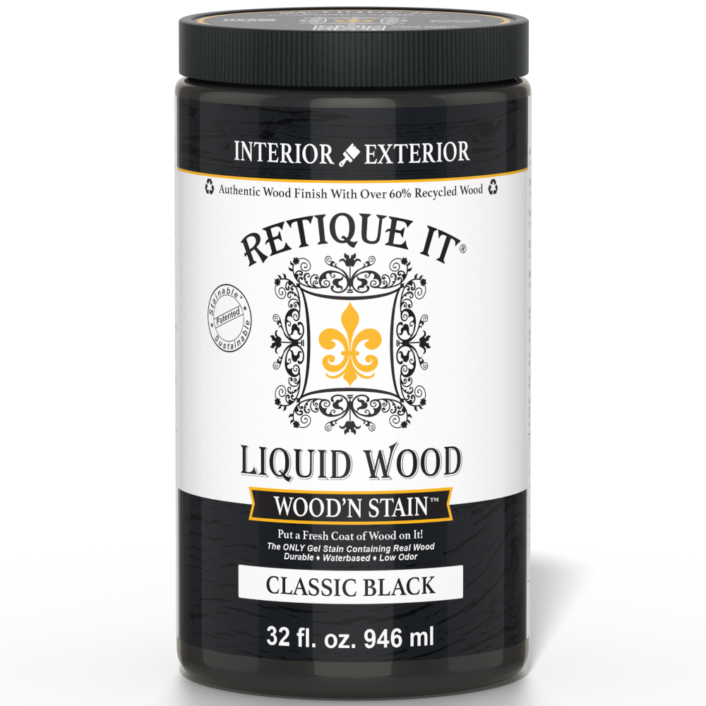 Retique It Liquid Wood Wood'n Stain in 32 oz Classic Black, showcasing the dark stain applied to wood surface.
