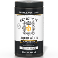 Retique It Liquid Wood Wood'n Stain in 32 oz Classic Black, showcasing the dark stain applied to wood surface.
