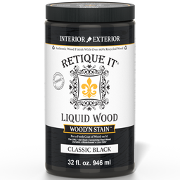 Retique It Liquid Wood Wood'n Stain in 32 oz Classic Black, showcasing the dark stain applied to wood surface.