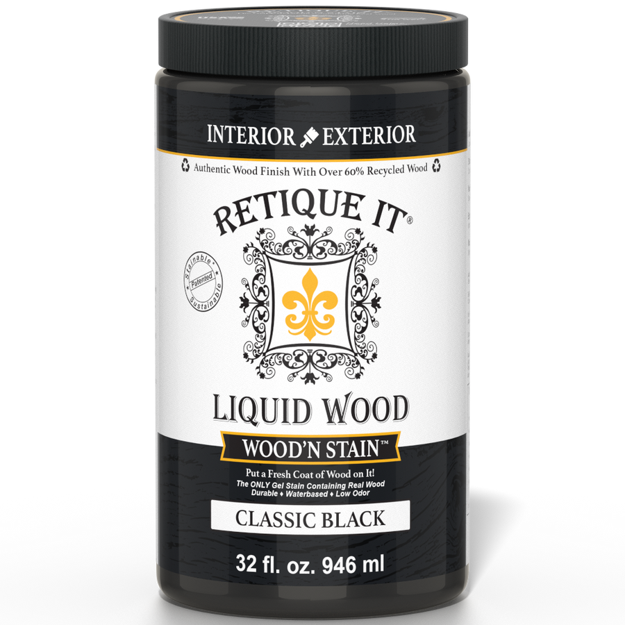 Retique It Liquid Wood Wood'n Stain in 32 oz Classic Black, showcasing the dark stain applied to wood surface.