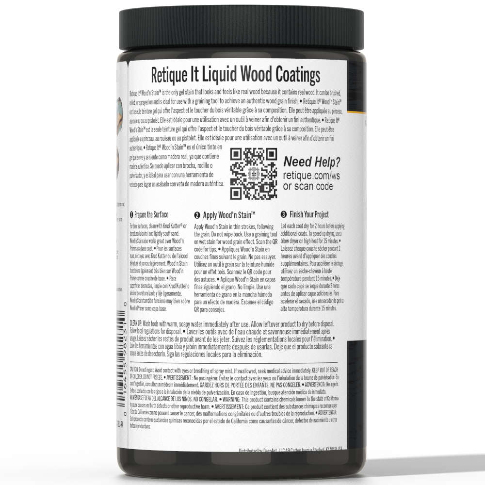 Retique It Liquid Wood Wood'n Stain in 32 oz Classic Black, showing the dark stain in a container with a brush applicator.