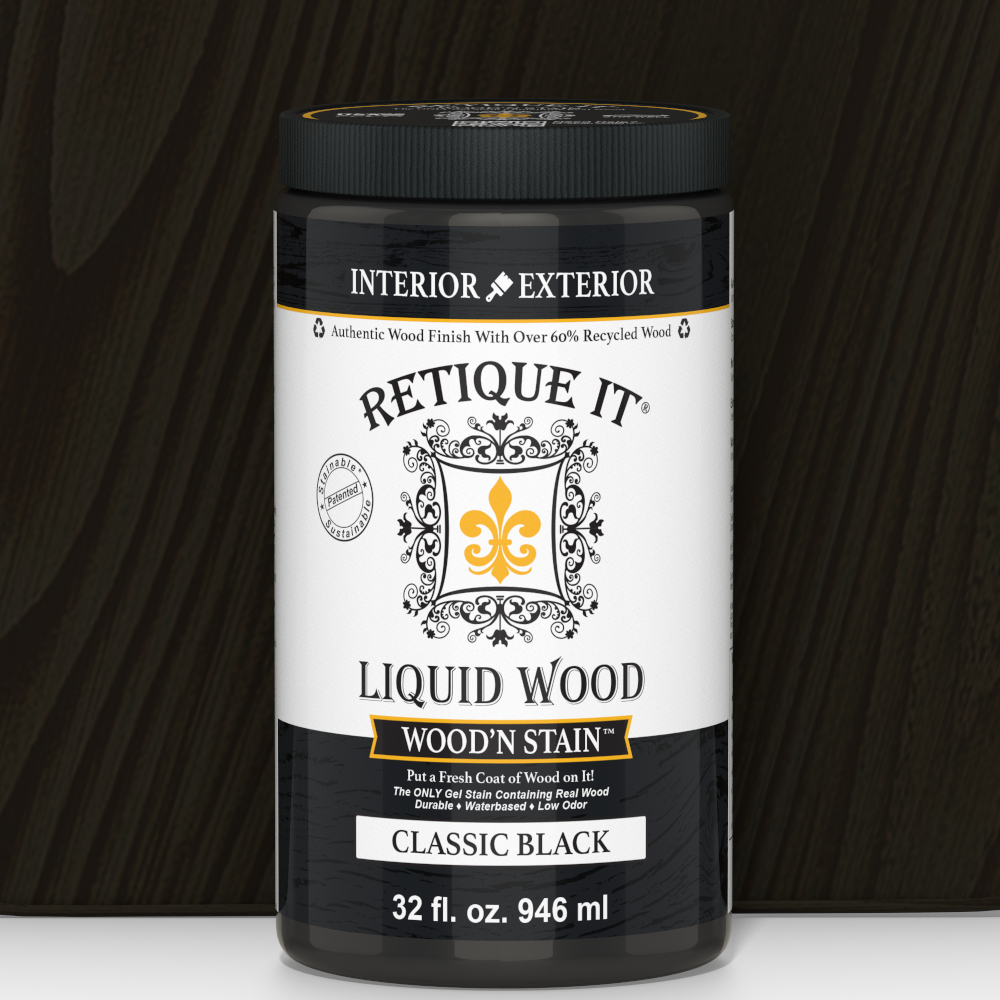 Retique It Liquid Wood Wood'n Stain in Classic Black, 32 oz bottle, showcasing the dark stain product for wood finishing.