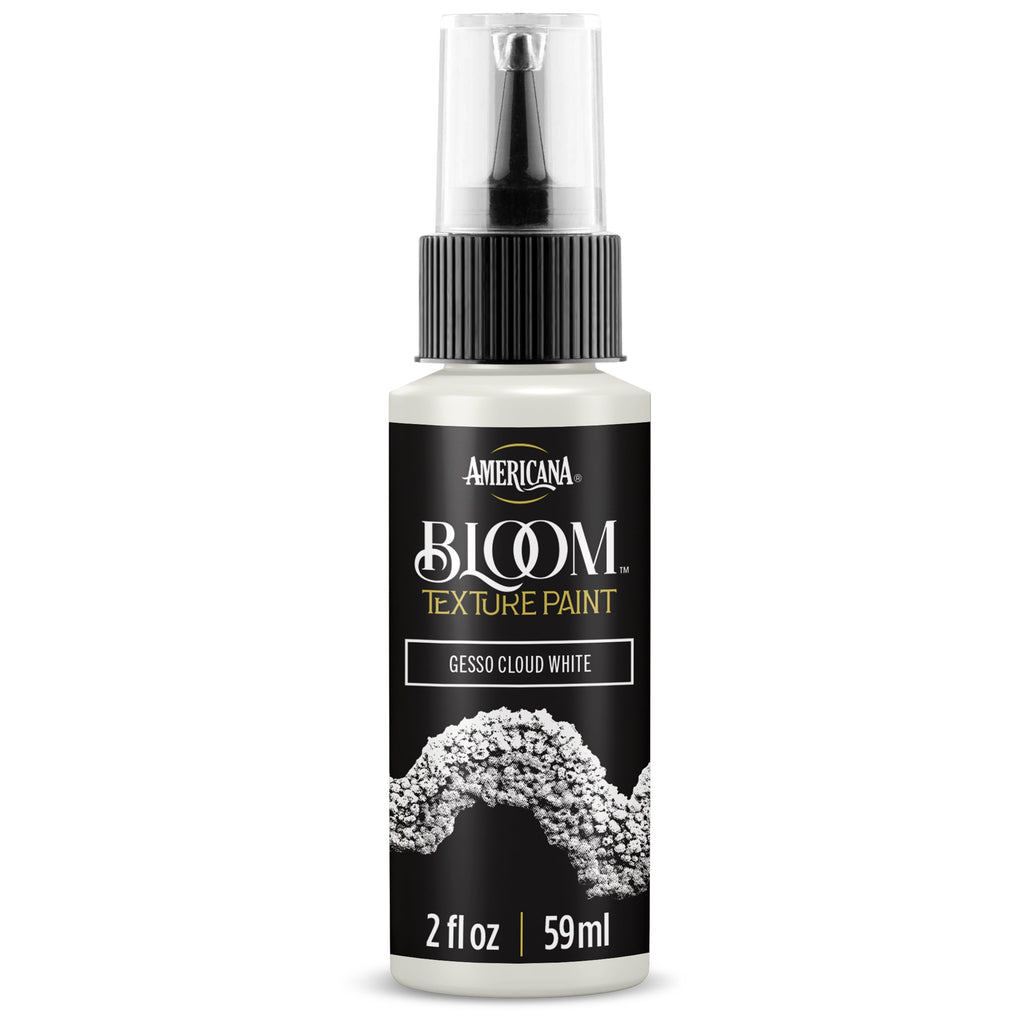 DecoArt Bloom Texture Paint in Gesso Cloud White, showcasing a textured paint application on a canvas.