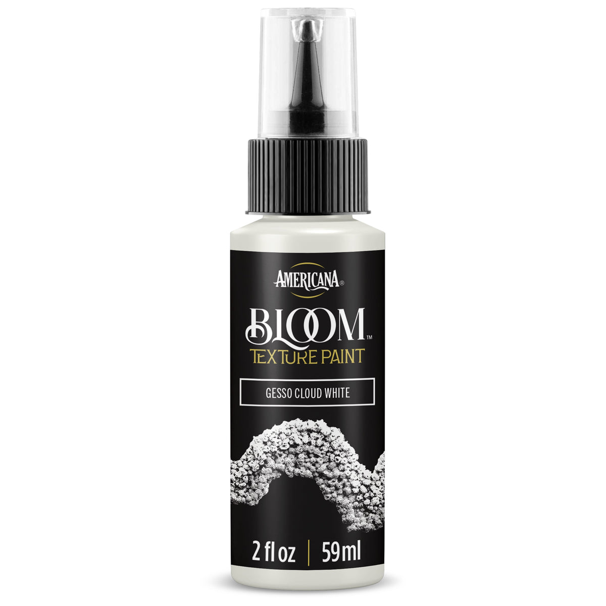 DecoArt Bloom Texture Paint in Gesso Cloud White, showcasing a textured paint application on a canvas.