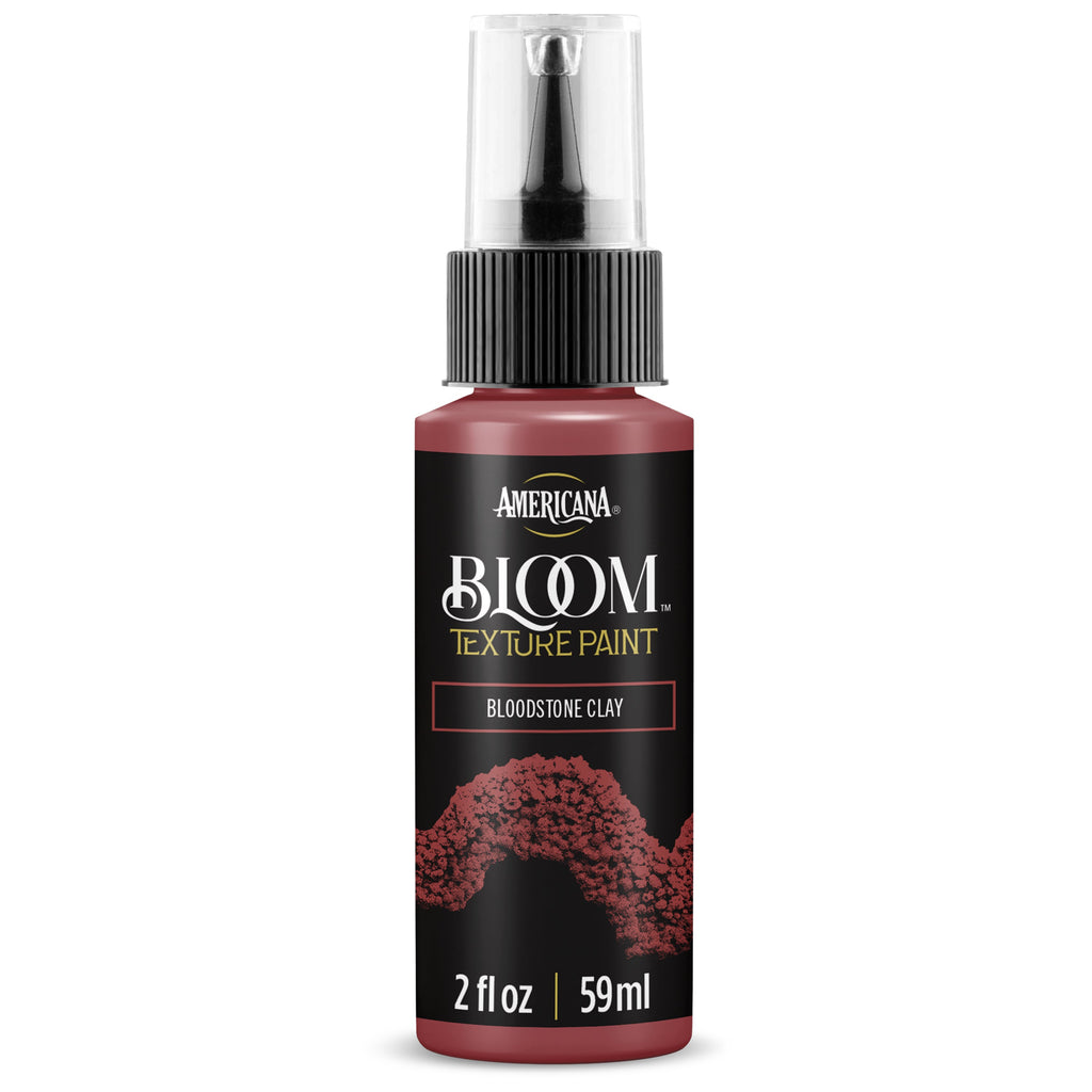 DecoArt Bloom Texture Paint in Bloodstone Clay, showing a textured paint application with rich earthy tones and a matte finish.