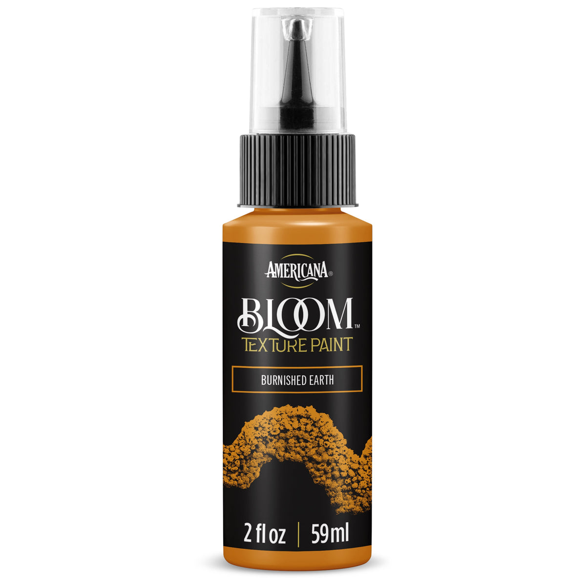 DecoArt Bloom Texture Paint in Burnished Earth color, showcasing thick, textured paint on a surface for artistic craft projects.