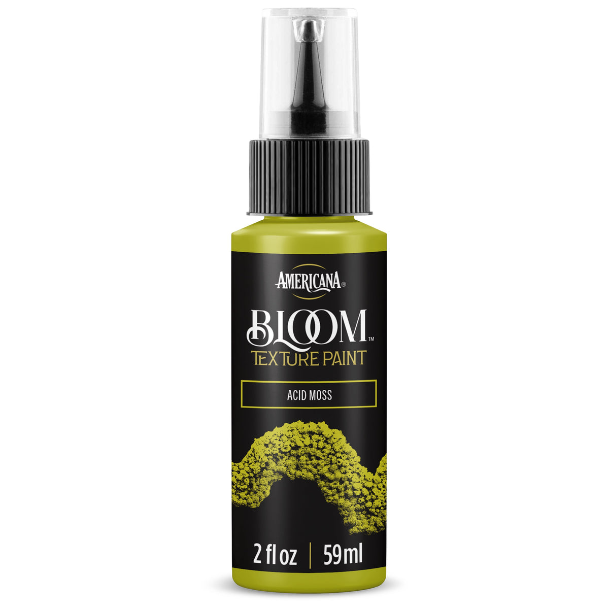 DecoArt Bloom Texture Paints in Acid Moss color, showing a textured paint swatch with a vibrant moss green finish.