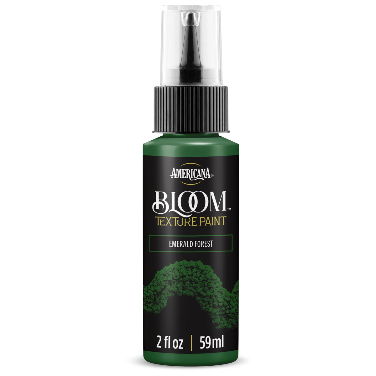 DecoArt Bloom Texture Paint in Emerald Forest, showcasing textured green paint with a vibrant, leafy appearance.