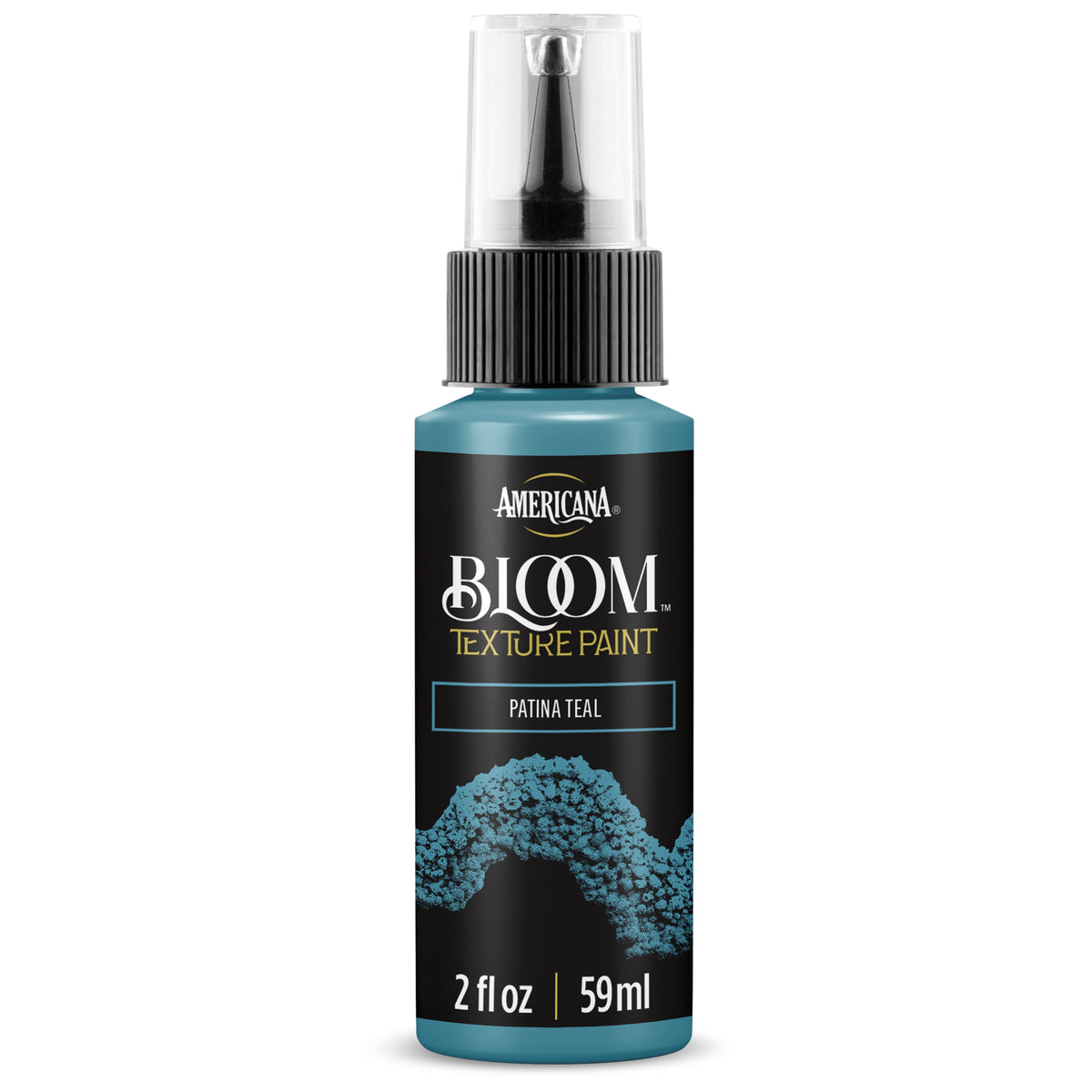 DecoArt Bloom Texture Paint in Patina Teal with a textured, shimmering finish on a canvas or craft surface.