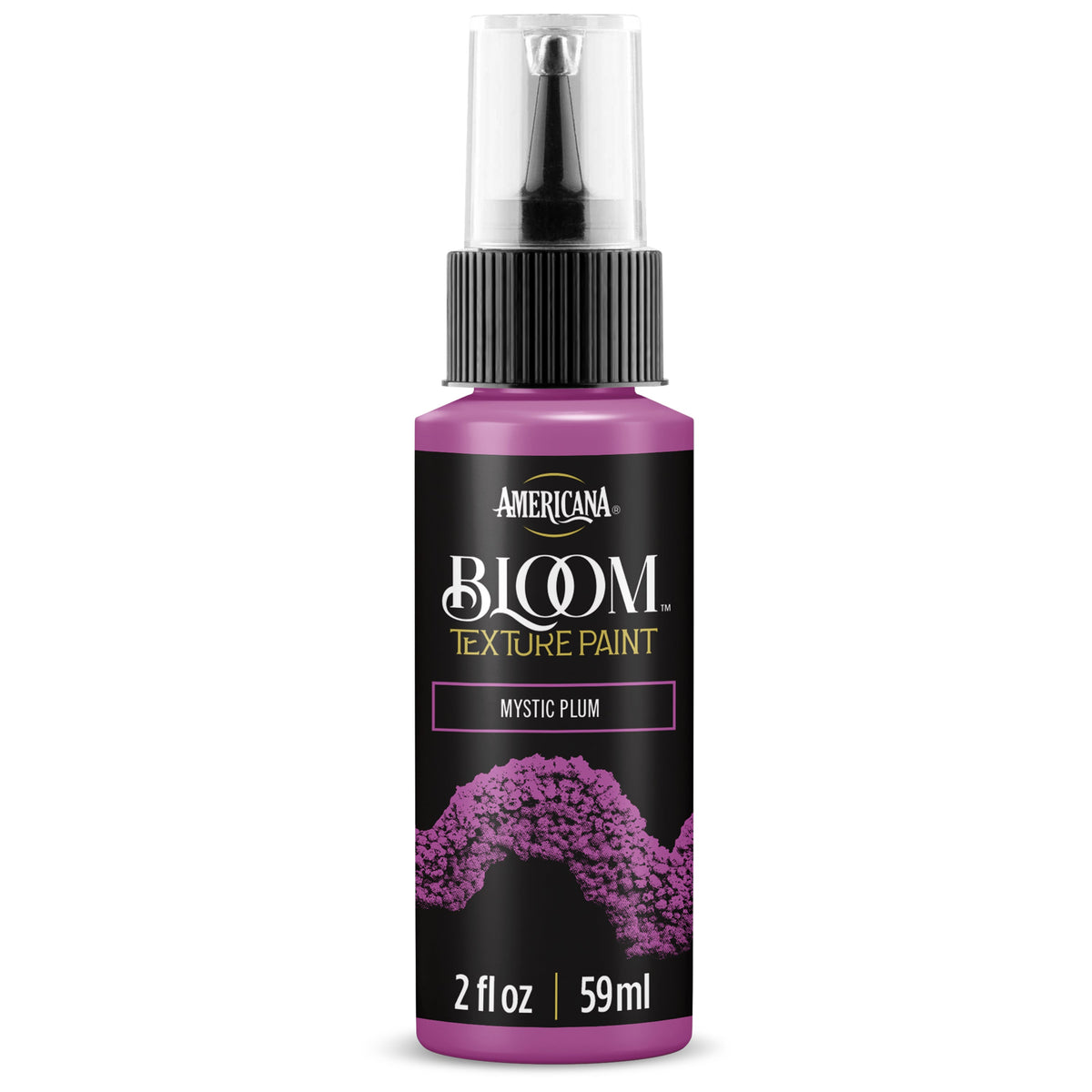 DecoArt Bloom Texture Paint in Mystic Plum, showcasing a rich, textured purple paint swatch with a floral-inspired finish.