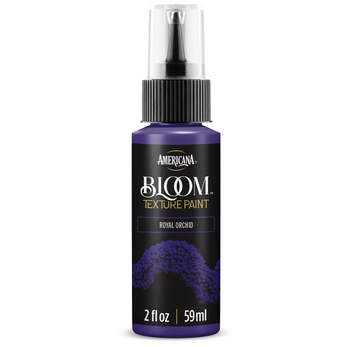 DecoArt Bloom Texture Paints in Royal Orchid color, showing a close-up of textured paint on a surface with vibrant purple hues.