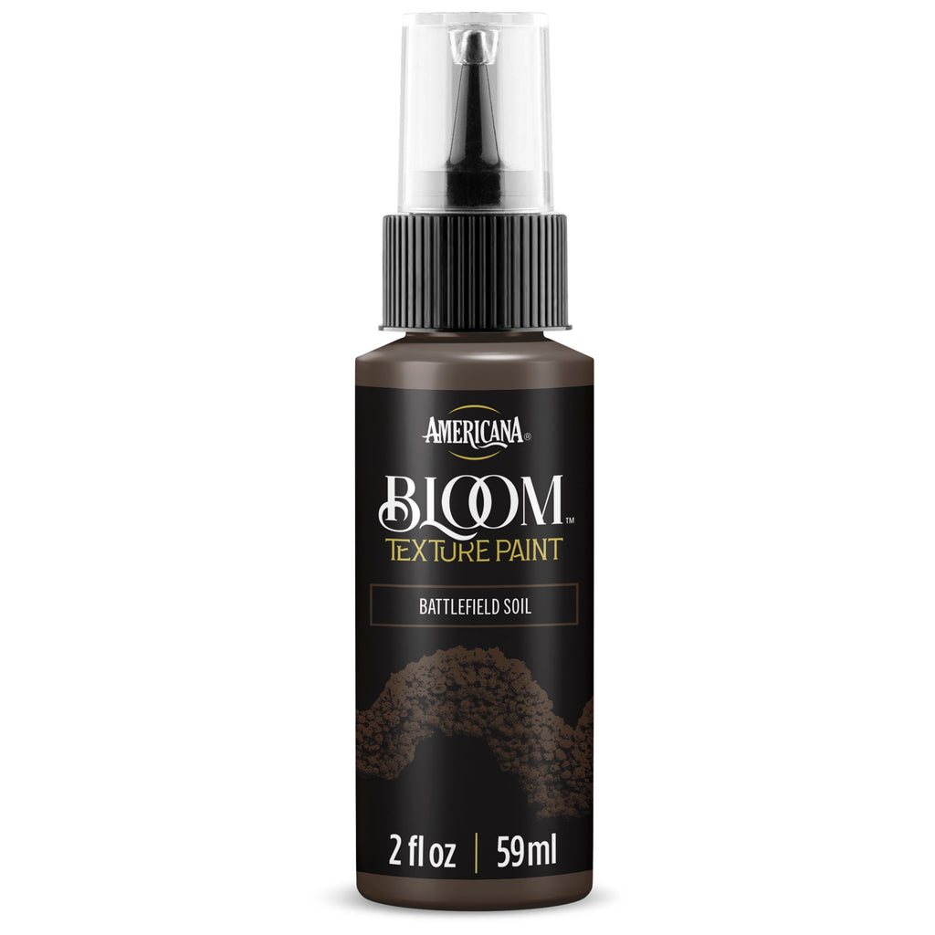 DecoArt Bloom Texture Paints in Battlefield Soil color, showcasing a textured paint swatch with earthy, soil-like appearance.