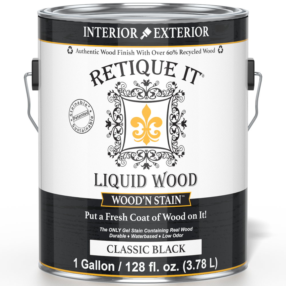 Retique It Liquid Wood Wood'n Stain in Classic Black, 128 oz, showcasing the front of the stain container with product label.
