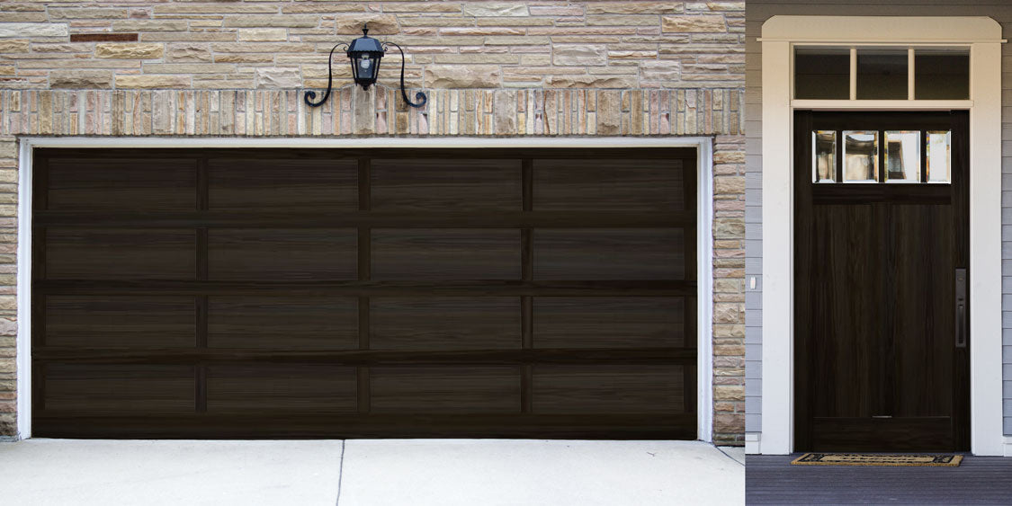 Retique It Liquid Wood Wood'n Stain in Classic Black applied on a garage door, showcasing rich black wood stain finish.