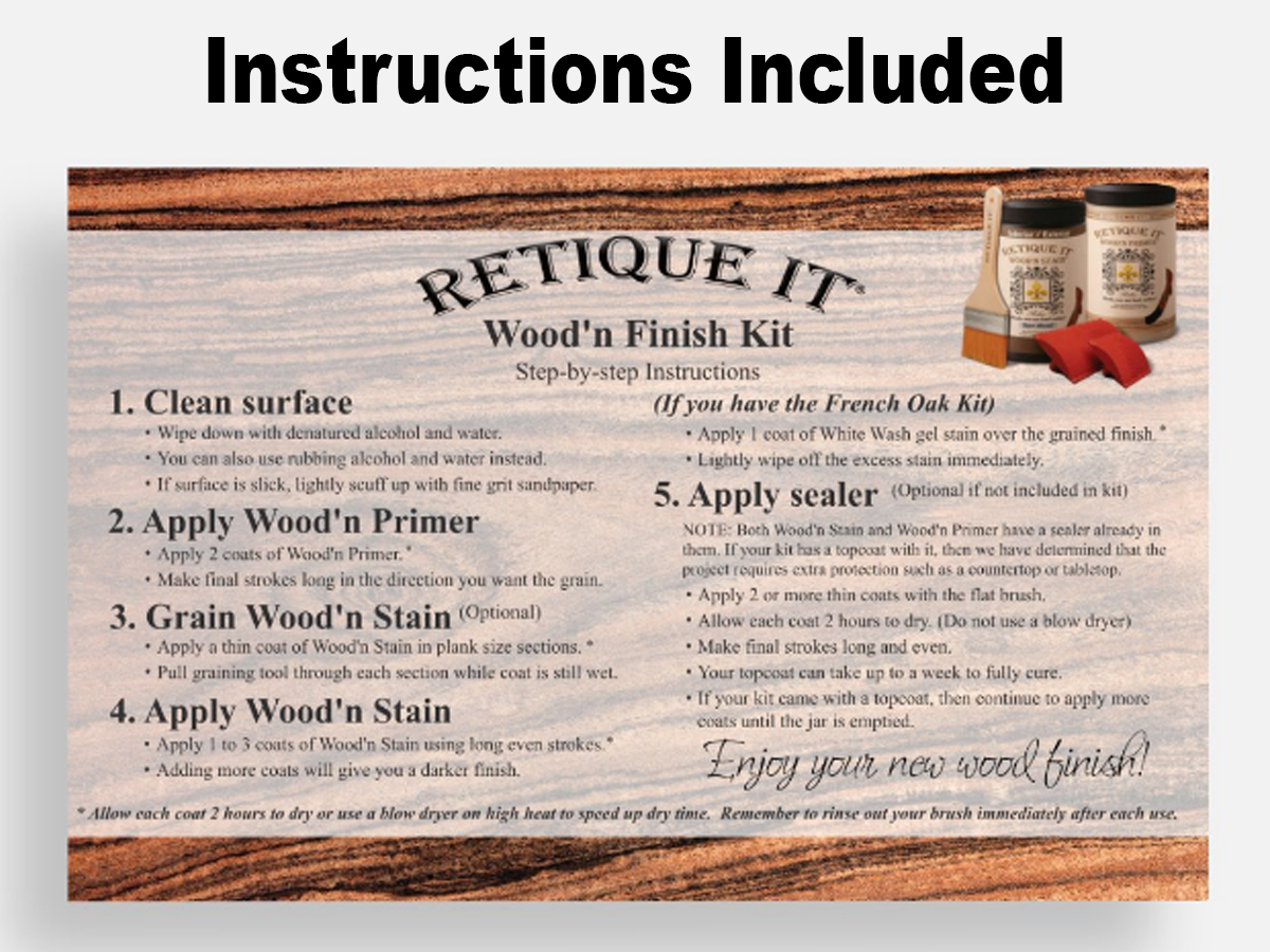 Front view of Retique It Wood'n Finish Kit in Modern Walnut, showing instructions for multi-purpose wood finishing and application.