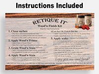 Front view of Retique It Wood'n Finish Kit in Modern Walnut, showing instructions for multi-purpose wood finishing and application.