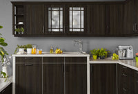 Retique It Liquid Wood Wood'n Stain in 16 oz Classic Black applied to kitchen cabinets, showcasing rich black stain finish.