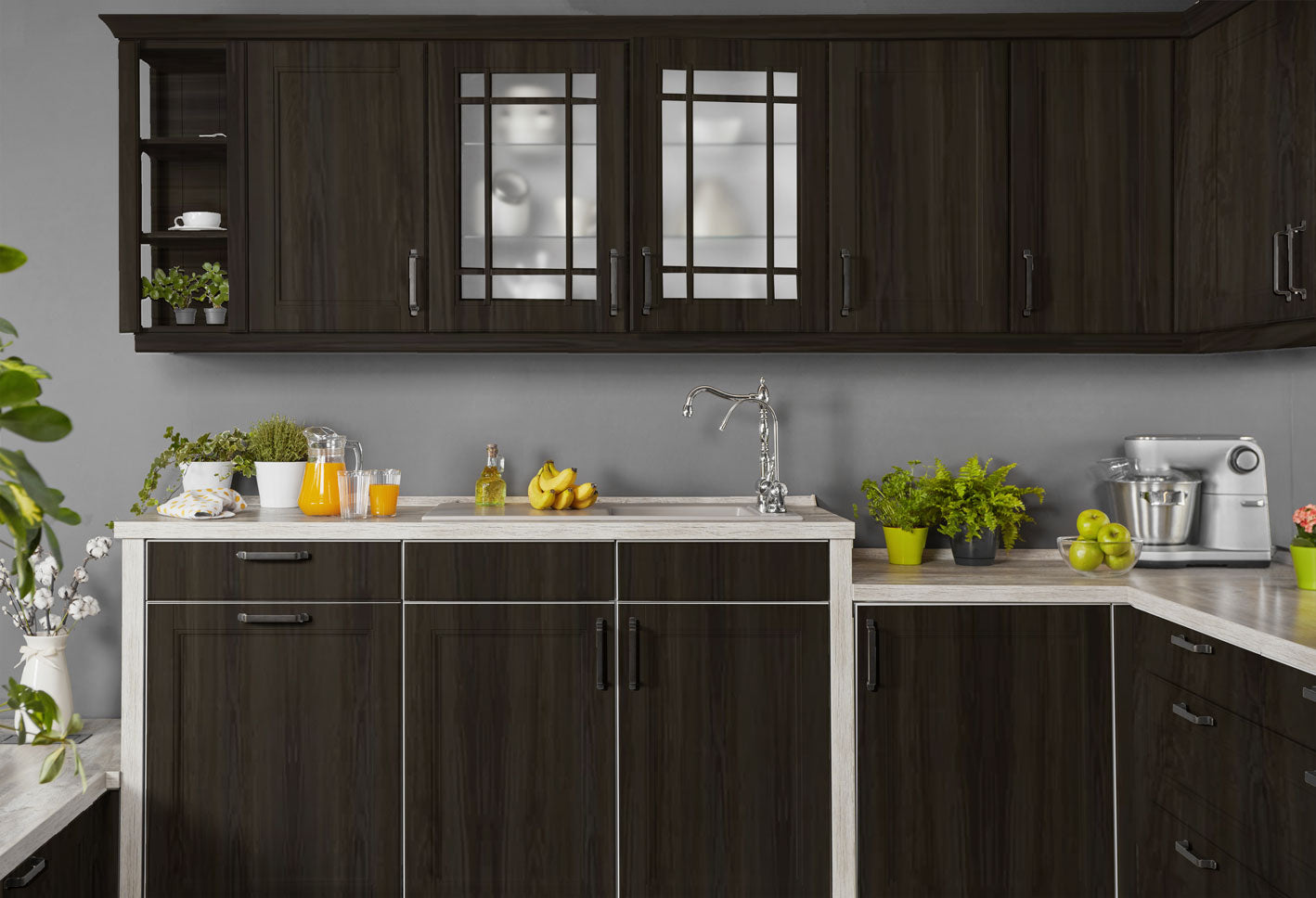 Retique It Liquid Wood Wood'n Stain in 16 oz Classic Black applied to kitchen cabinets, showcasing rich black stain finish.