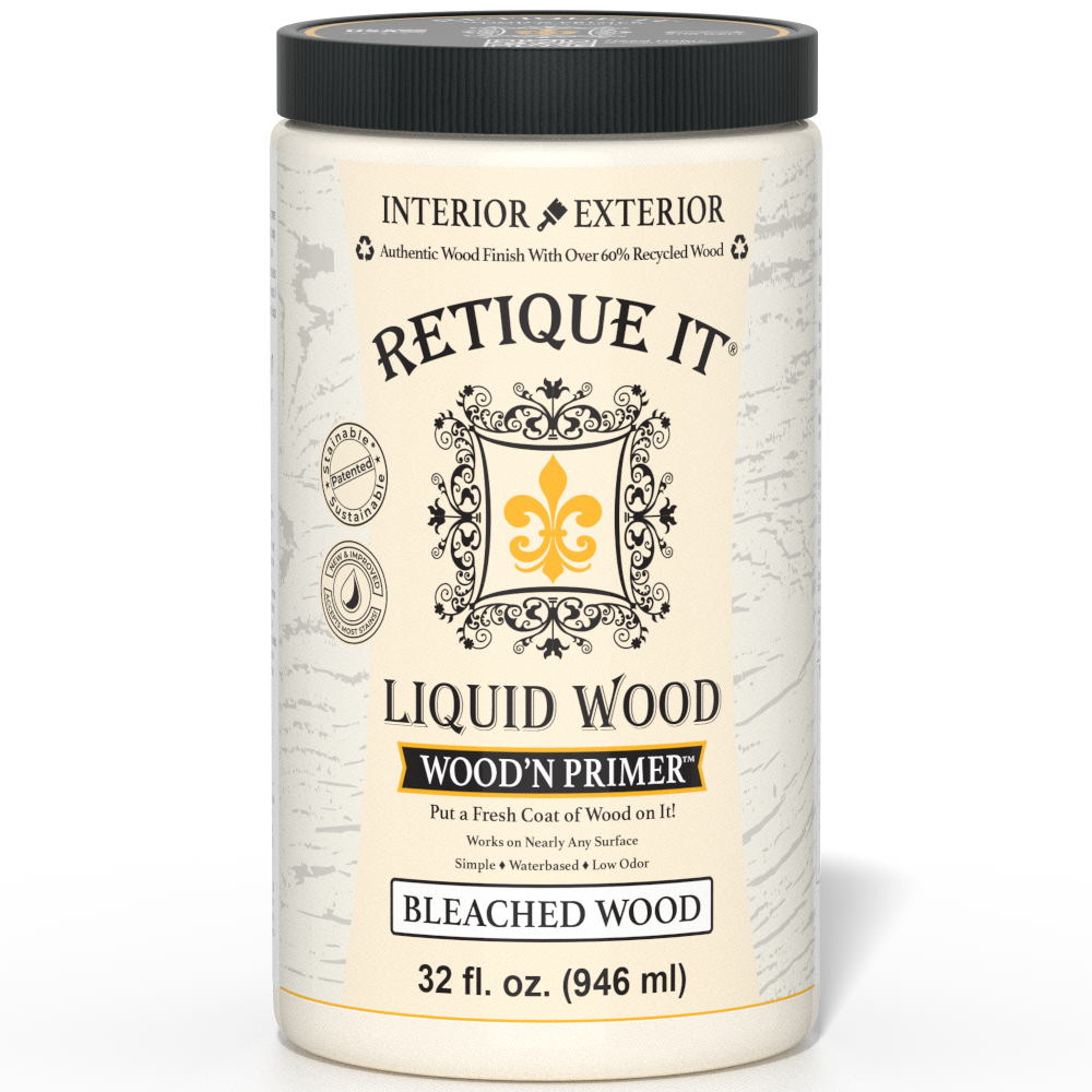Retique It Liquid Wood Wood'n Primer in Bleached Wood finish, 32 fl oz, showing the primer applied to a wooden surface.