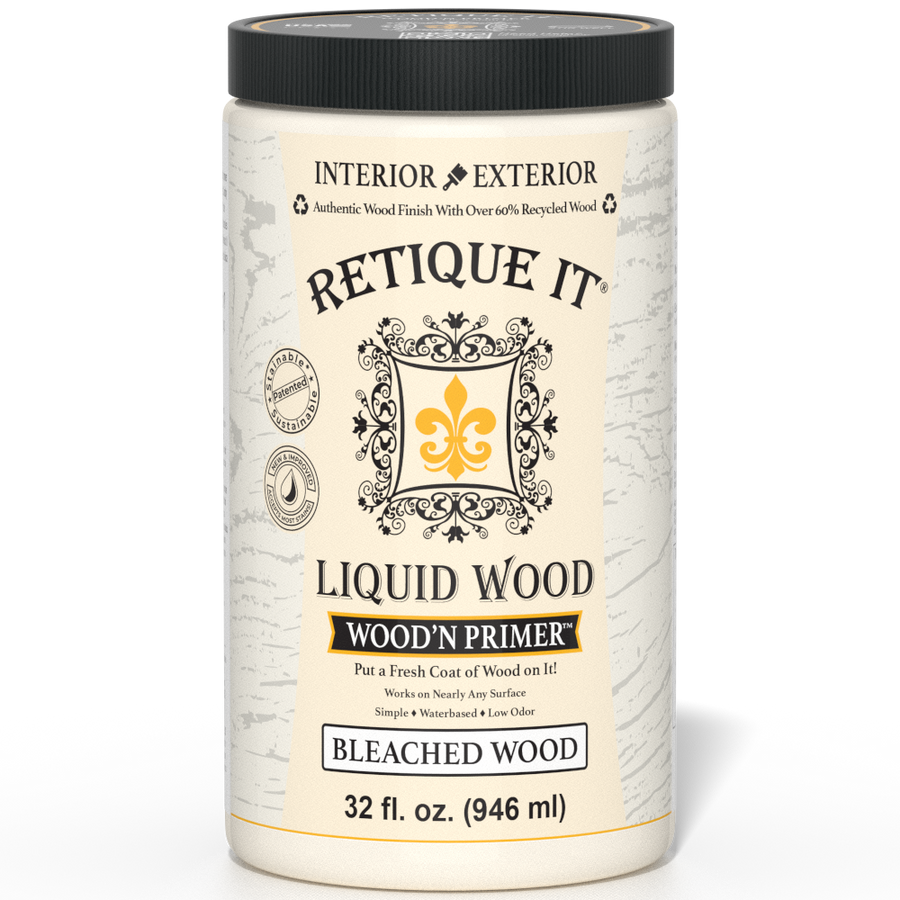 Retique It Liquid Wood Wood'n Primer in Bleached Wood finish, 32 fl oz, showing the primer applied to a wooden surface.