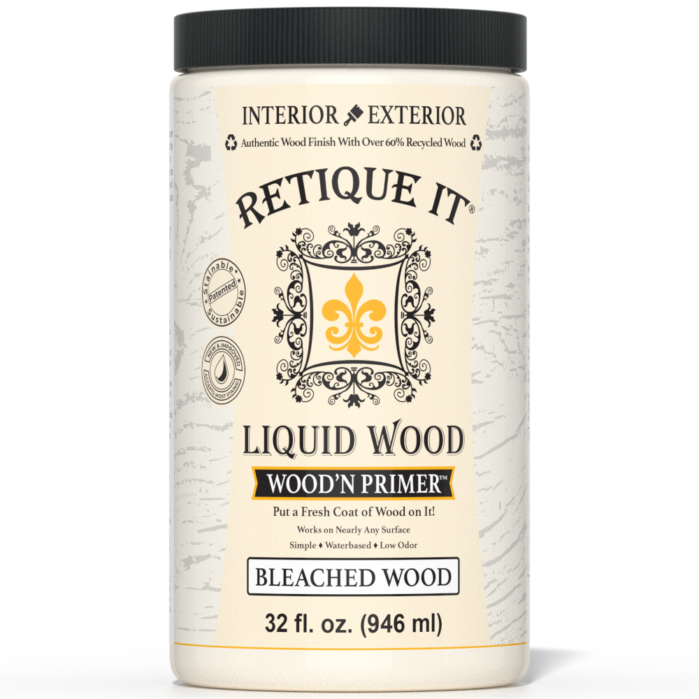 Retique It Liquid Wood Wood'n Primer in Bleached Wood, 32 fl oz, showing the primer bottle with label and product details.