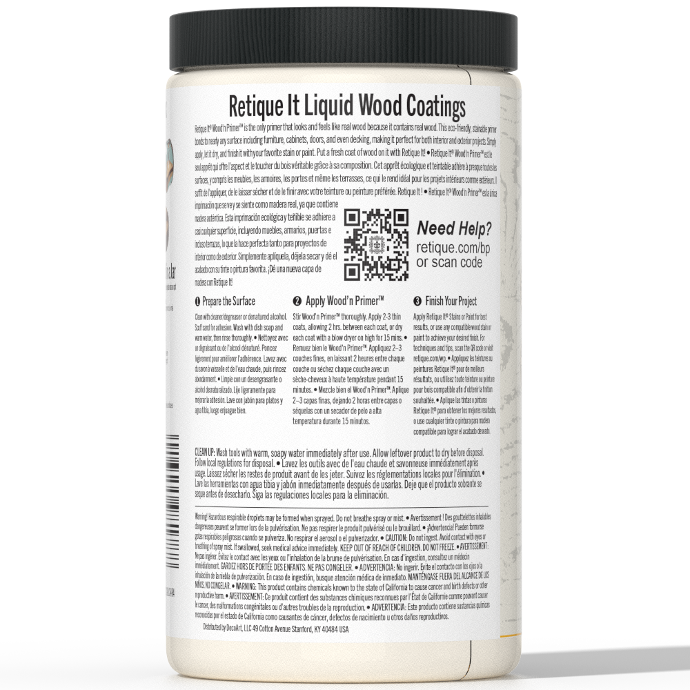 Retique It Liquid Wood Wood'n Primer in Bleached Wood finish, 32 fl oz, demonstrating the primer's smooth application on wood surfaces.