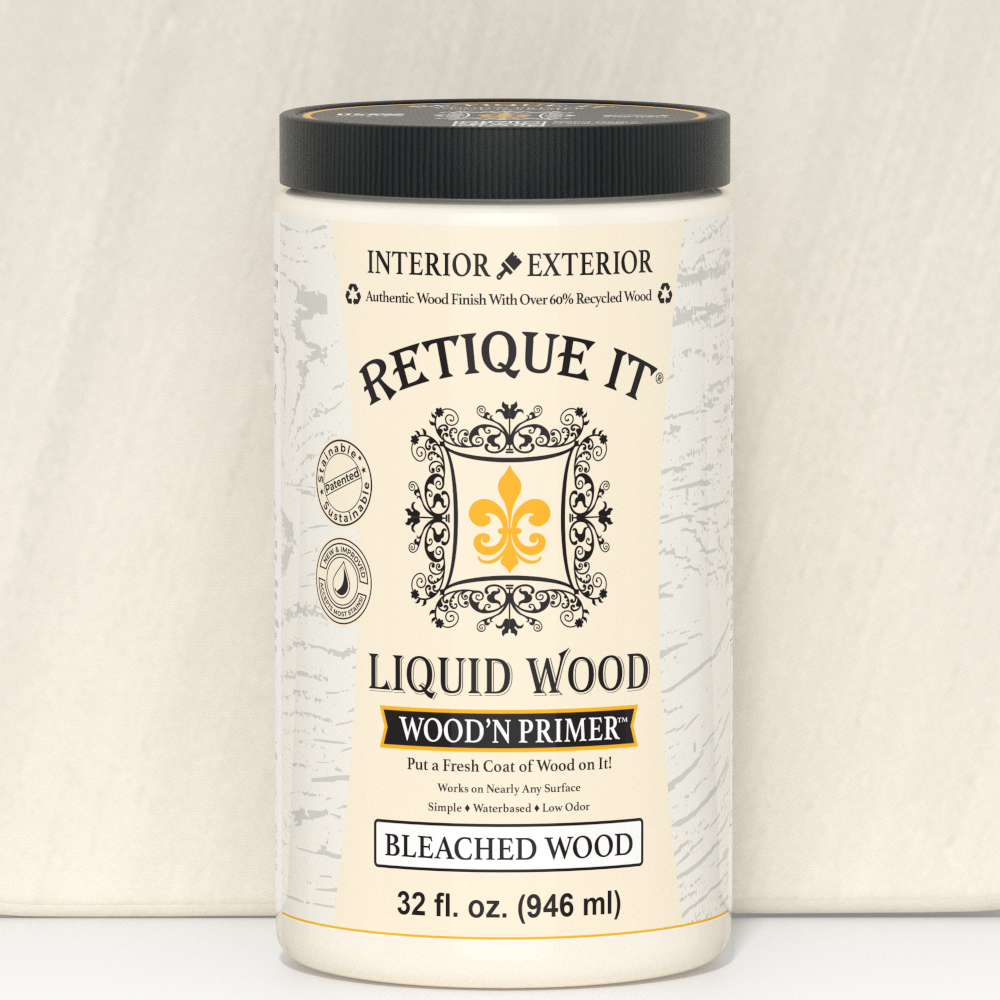Retique It Liquid Wood Wood'n Primer in Bleached Wood color, 32 fl oz, showing the primer bottle with label and product details.