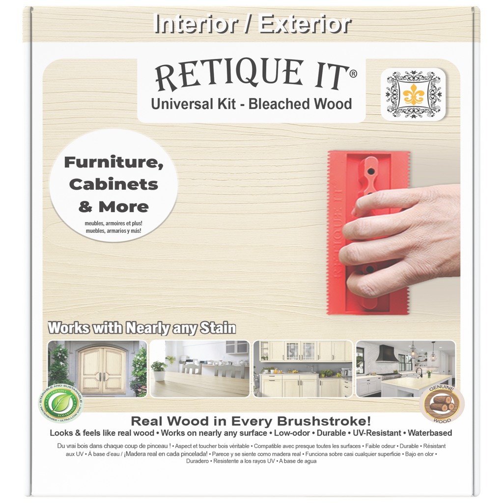 Retique It Universal Liquid Wood Kit in bleached wood finish, showing the front of the box with application tools and product details.