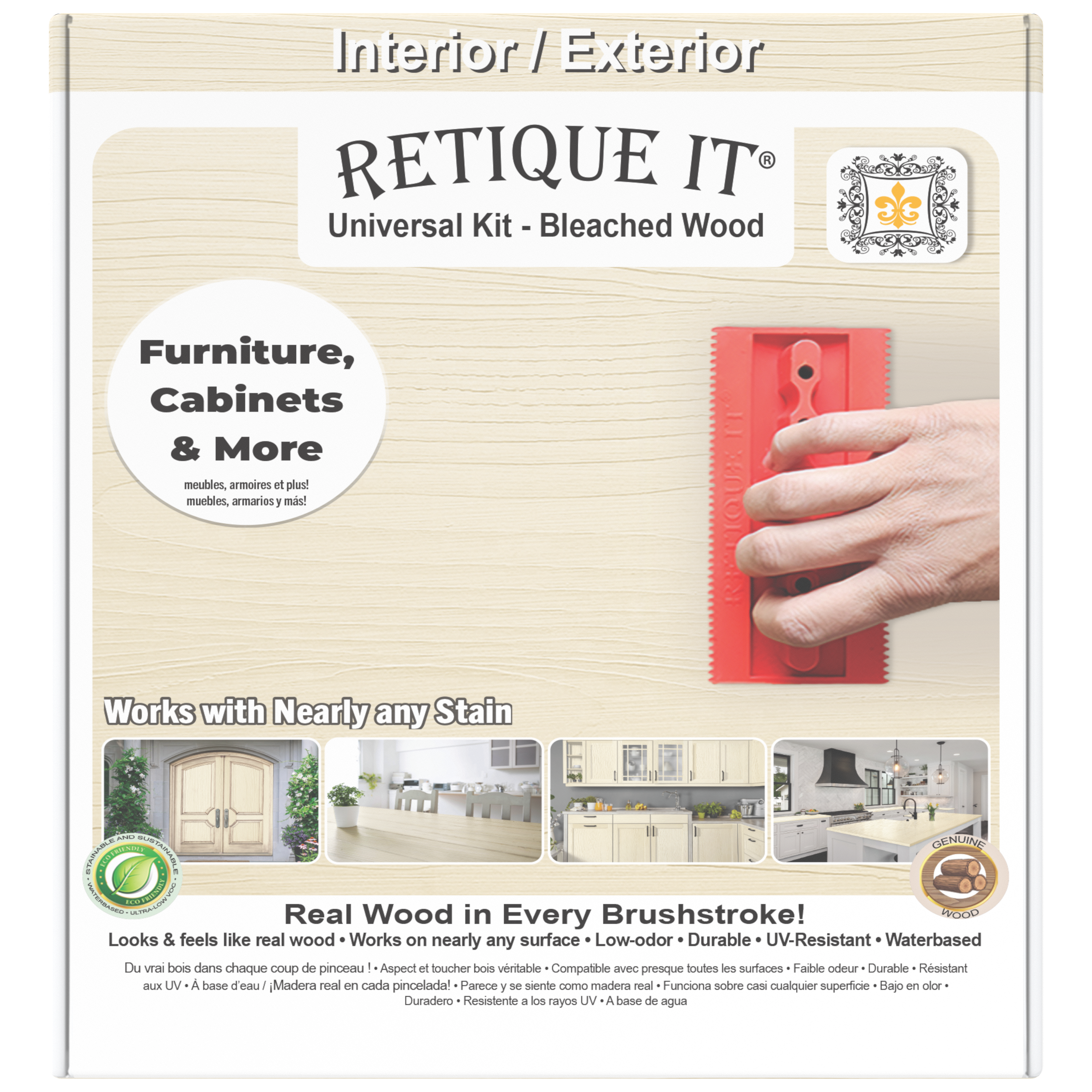 Retique It Universal Liquid Wood Kit in bleached wood finish, showing the front of the box with application tools and product details.