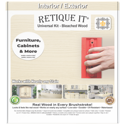 Retique It Universal Liquid Wood Kit in bleached wood finish, showing the front of the box with application tools and product details.