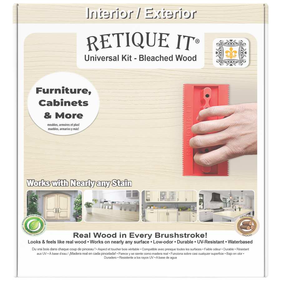 Retique It Universal Liquid Wood Kit in bleached wood finish, showing the front of the box with application tools and product details.