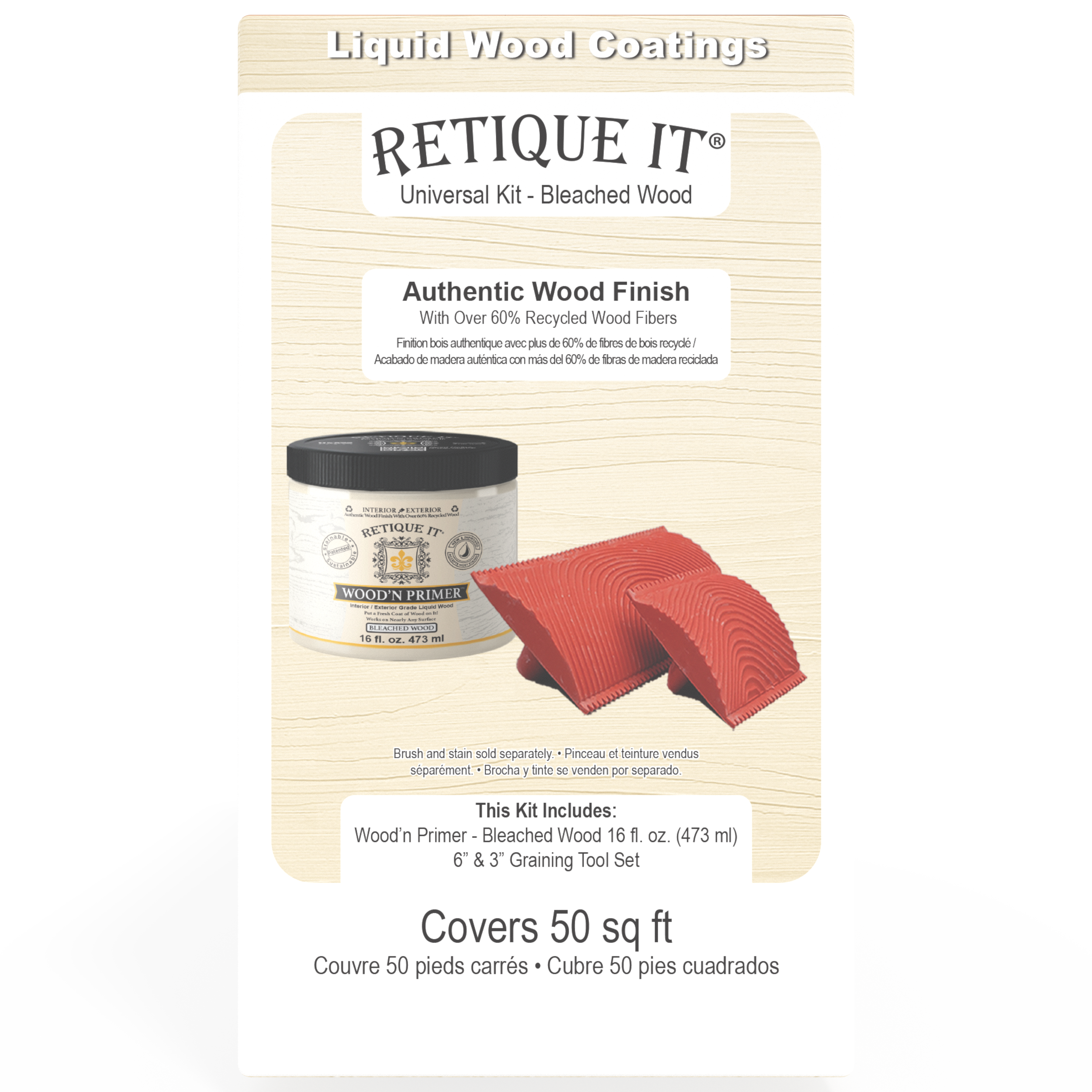 Retique It Universal Liquid Wood Kit in bleached wood finish, shown in box with bottles and application tools on the left side.